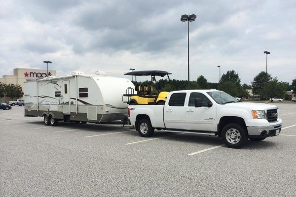Golf-Cart-in-Truck-Bed-Towing-Camper-How-to-Haul-a-Golf-Cart