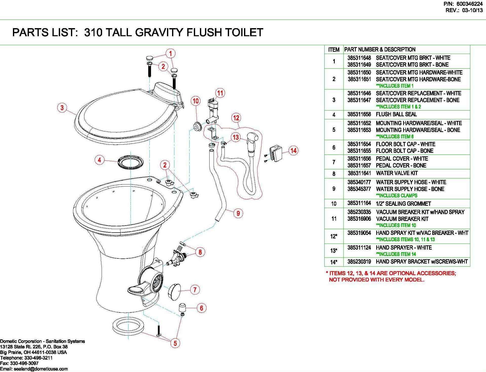 Dometic 310 RV Toilet Parts Diagram and List (Replacement)